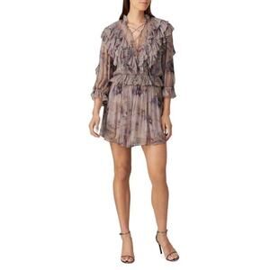 IRO Banon Floral Mini Blouson Dress Ruffles V-Neck Lace Up Size 38